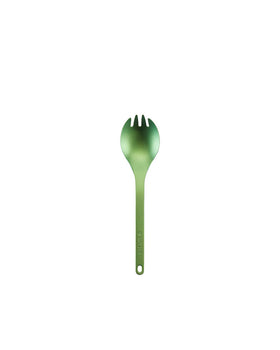 Snow Peak Titanium Spork SCT-004 in green anodized titanium, full length with etched logo and hanging hole