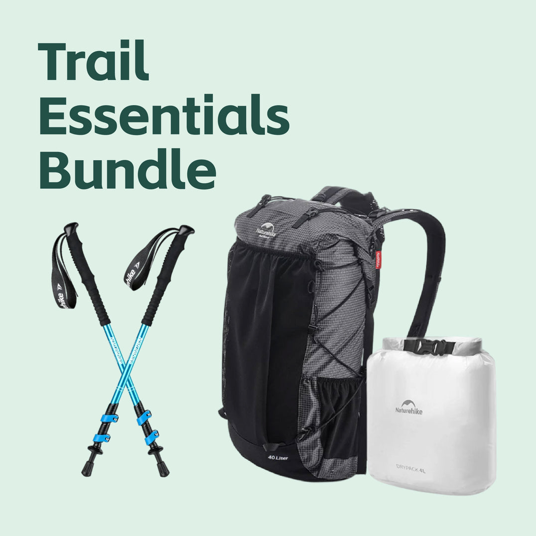 hiking starter kit with 40 litre backpack, two trekking poles and waterproof bag