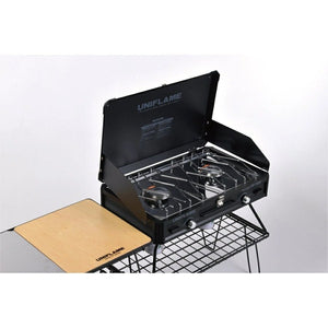 Side view of Uniflame Twin Burner in black finish, showing pots on dual burners