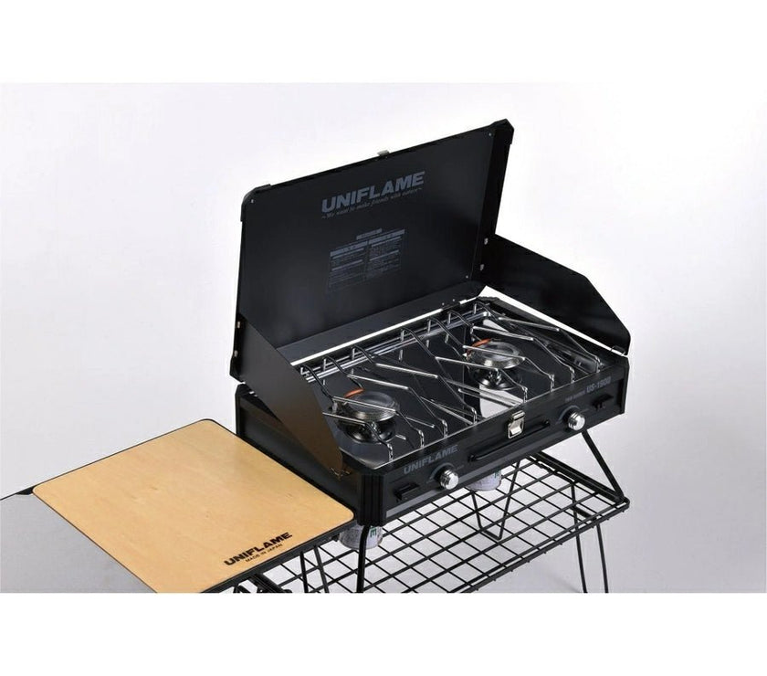 Side view of Uniflame Twin Burner in black finish, showing pots on dual burners