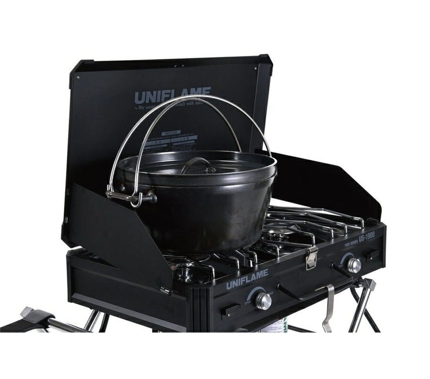 Close-up of the Uniflame US‑1900 burners beneath windscreen panels