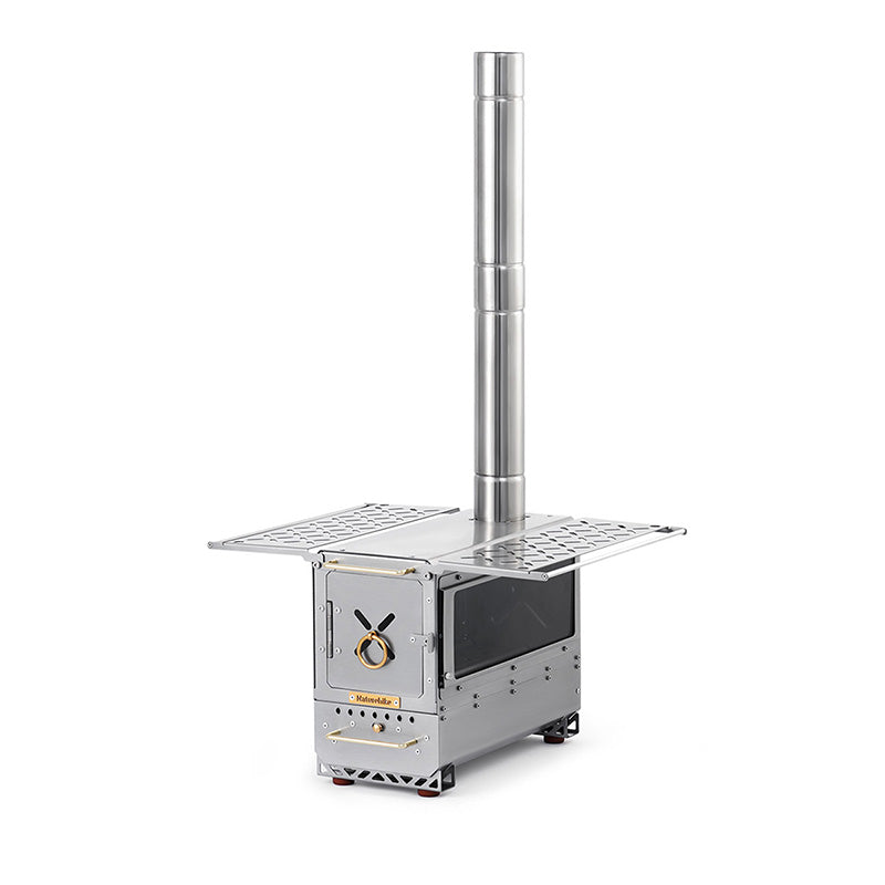 Naturehike Icefield Ranger tabletop wood stove with its chimney, long side glass window and both shelves folded out
