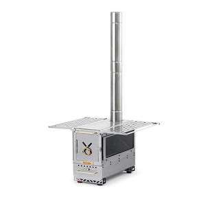 Naturehike Icefield Ranger tabletop wood stove with its chimney, long side glass window and both shelves folded out