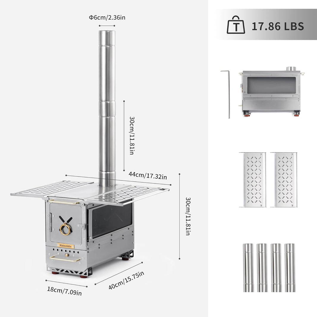 Icefield Ranger wood stove dimensions: 40 x 18 x 30 cm body, 44 cm across with the shelves out, 6 cm chimney in 30 cm sections