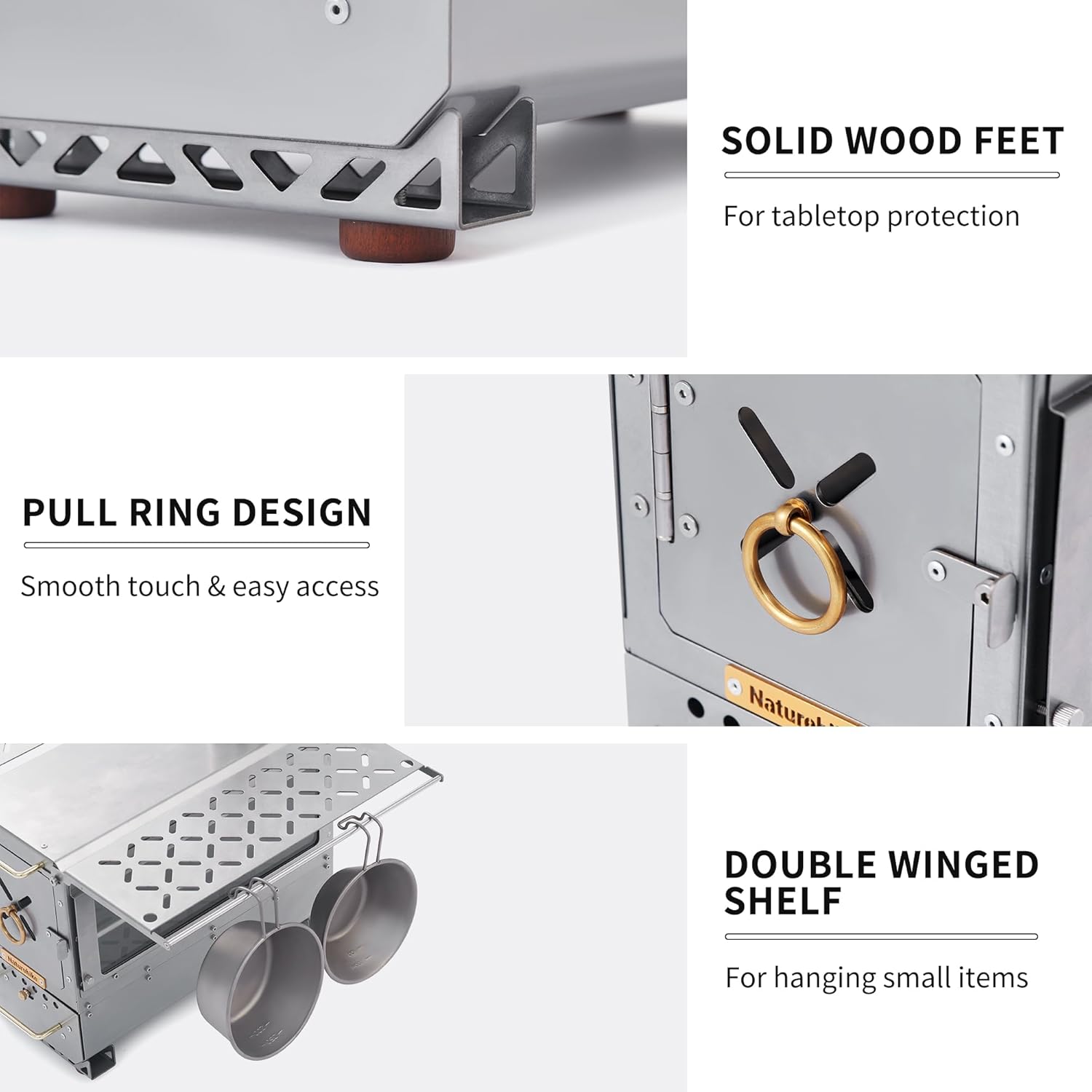 Icefield Ranger details: solid wood feet, brass pull ring on the door damper, fold-out shelf with mugs hanging from it