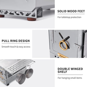 Icefield Ranger details: solid wood feet, brass pull ring on the door damper, fold-out shelf with mugs hanging from it